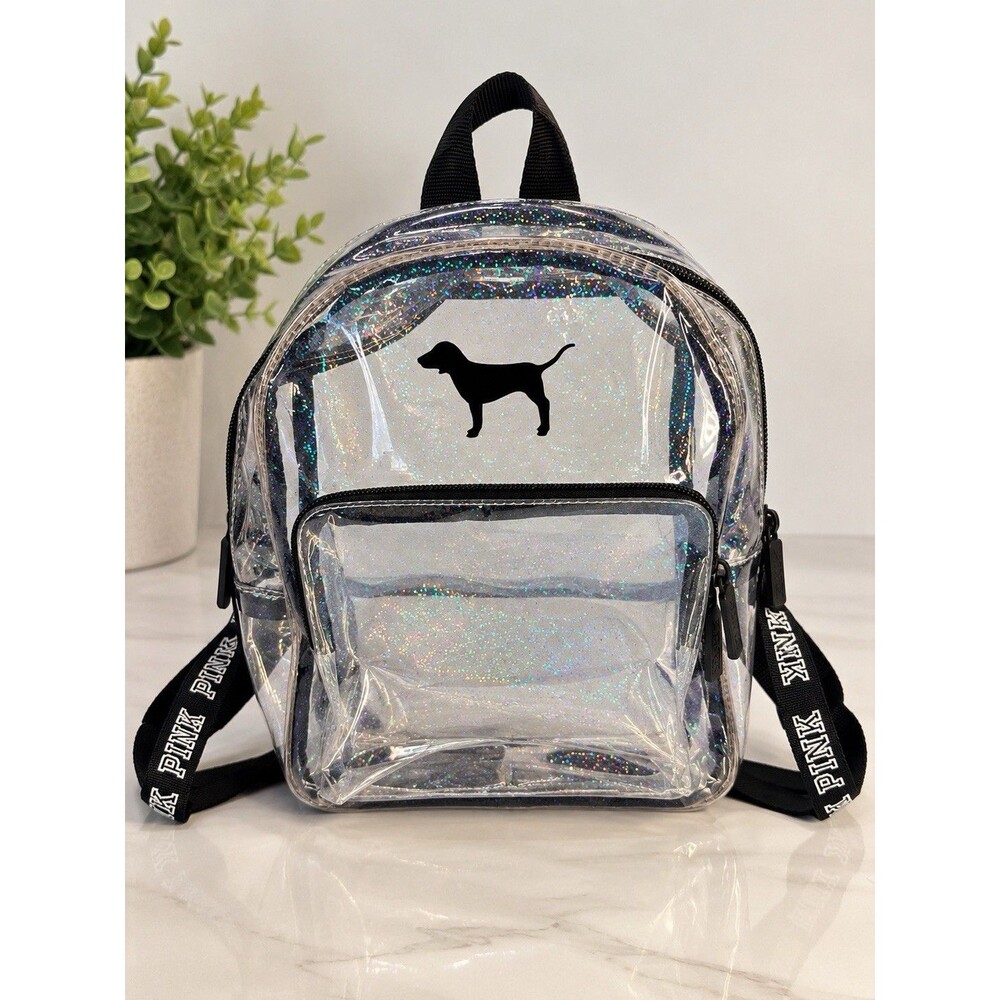 Victoria's Secret PINK Mini Backpack Clear Glitter Dog Logo Concert Bag Y2K